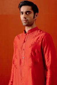 Red Self Embroidered Chanderi Kurta Set