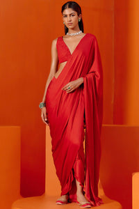 Red Satin Pre Draped Saree