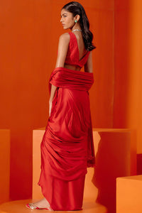 Red Satin Pre Draped Saree