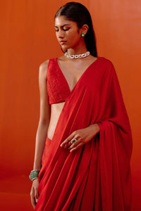Red Satin Pre Draped Saree