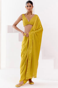 Mustard Satin Pre Draped Saree