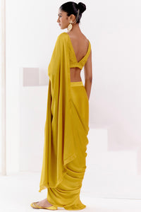 Mustard Satin Pre Draped Saree