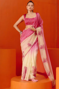 Fuchsia Pink Embroidered Ombre Organza Saree