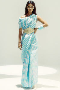 Closed Border Powder Blue Vanilla Stripe Saree