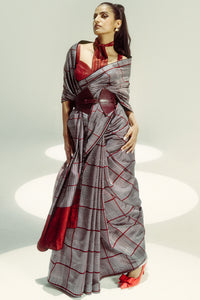 Red Big Check Saree