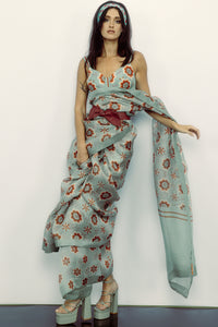 Retro Florals Teal Saree