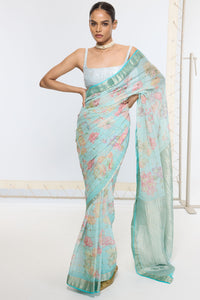 Handwoven Aqua Blue Printed Saree