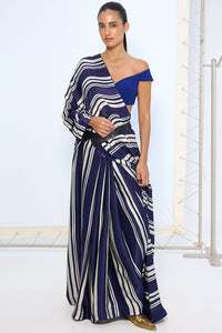 Navy Striped Printed Saree