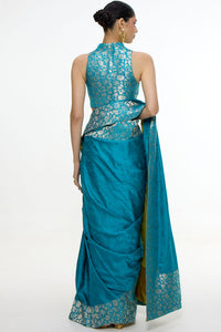 Handwoven Coral Blue Saree