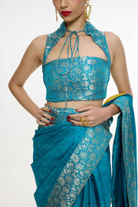 Handwoven Coral Blue Saree