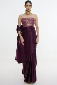 Handwoven Maroon Saree With Embroidered Panel