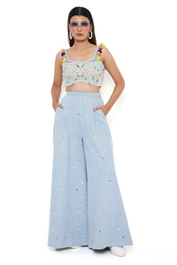 Blue Embroidered Bustier And Flared Pant