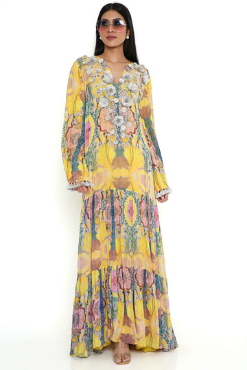 Yellow Enchanted Print Georgette Boho Dress