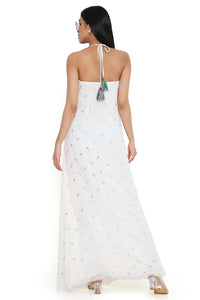 Off-White Dress With Attached Necklace Yoke