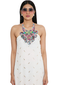 Off-White Dress With Attached Necklace Yoke