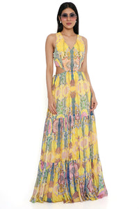 Yellow Enchanted Print Cut-Out Dress