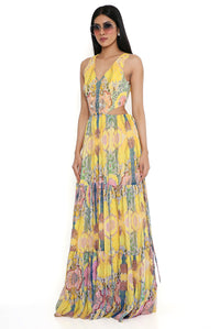 Yellow Enchanted Print Cut-Out Dress