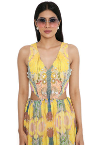 Yellow Enchanted Print Cut-Out Dress