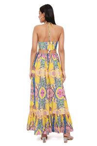 Yellow Enchanted Print Crepe Cut-Out Dress