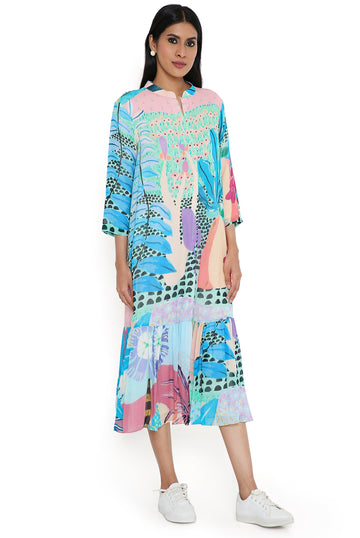 Aqua Tropical Print Art Georgette Shirt Dress