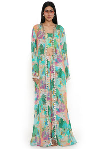 Grey Kuno Printed Frill Jacket With Top And Pallazo