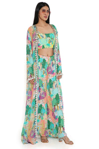 Grey Kuno Printed Frill Jacket With Top And Pallazo