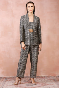 Black Embroidered Blazer With Bustier And Pant