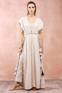 Cream Jacket With Crushed Tissue Bustier And Pant