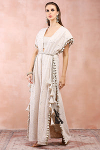 Cream Jacket With Crushed Tissue Bustier And Pant