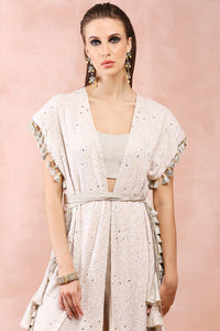 Cream Jacket With Crushed Tissue Bustier And Pant