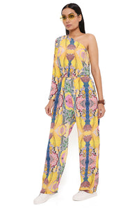 Yellow Enchanted Print Crepe Jumpsuit
