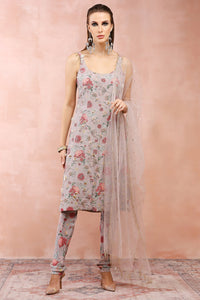 Grey Gulbagh Print Kurta And Churidar With Dupatta