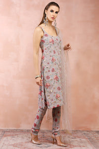 Grey Gulbagh Print Kurta And Churidar With Dupatta