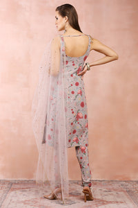 Grey Gulbagh Print Kurta And Churidar With Dupatta