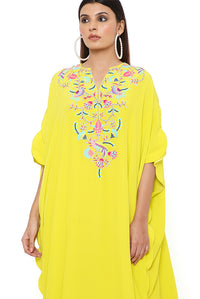 Lime Embroidered Yoke Scalloped Edge Kaftan