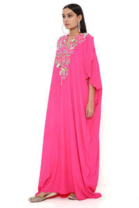 Pink Embroidered Yoke Scalloped Edge Kaftan