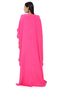 Pink Embroidered Yoke Scalloped Edge Kaftan