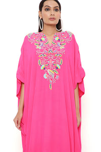 Pink Embroidered Yoke Scalloped Edge Kaftan