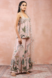Rose Pink Niloufar Print Kurta With Sharara And Dupatta