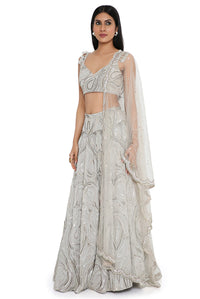 Grey Choli And Lehenga With Mukaish Net Dupatta