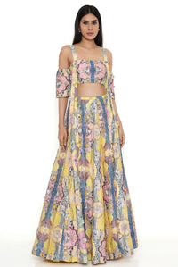 Yellow Dupion Silk Embroidered Top With Lehenga