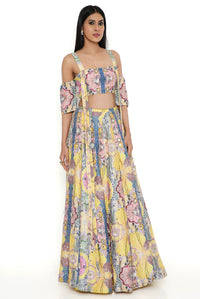 Yellow Dupion Silk Embroidered Top With Lehenga