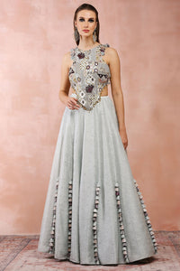 Powder Blue Applique Embroidered Choli With Lehenga