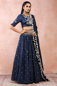 Navy Embroidered Choli And Lehenga With Dupatta