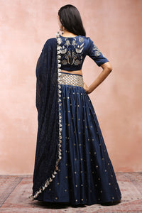 Navy Embroidered Choli And Lehenga With Dupatta