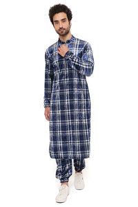Navy Check Velvet Bomber Kurta And Jogger