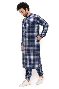 Navy Check Velvet Bomber Kurta And Jogger