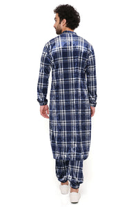 Navy Check Velvet Bomber Kurta And Jogger