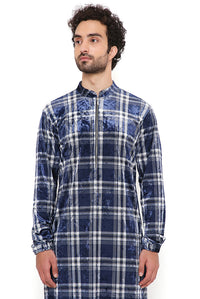 Navy Check Velvet Bomber Kurta And Jogger