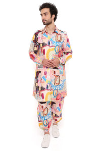 Trance Print Silk Pathani Kurta With Jogger